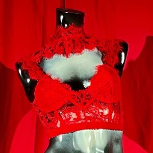 Vibrant Red Lace Mock Neck Bralette Bra Top Floral Sheer Romantic Gothic Chic M